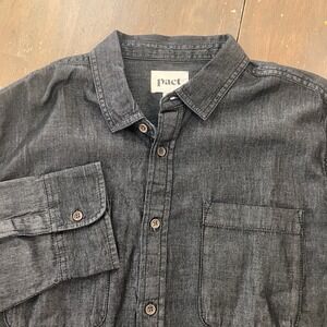 Pact Button Down Shirt Mens Large Black Denim Organic Cotton Chambray